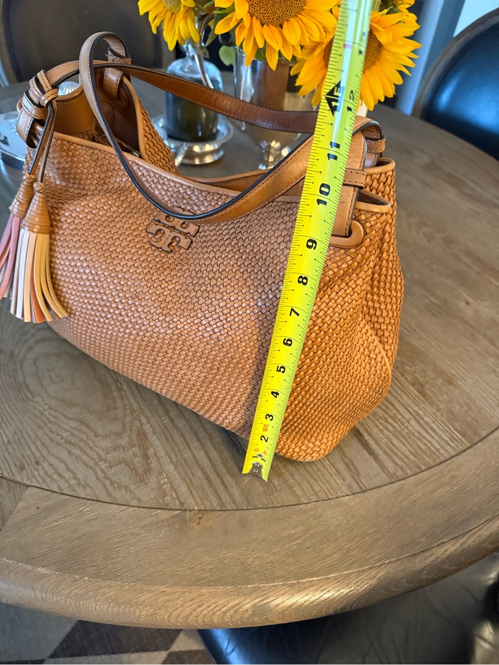 Tory Burch Tan Woven Leather Satchel with Pink & Cream Tassels - Picture 10 of 14